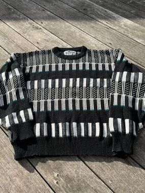 Expressions black + white stripe patterned vintage grandpa sweater